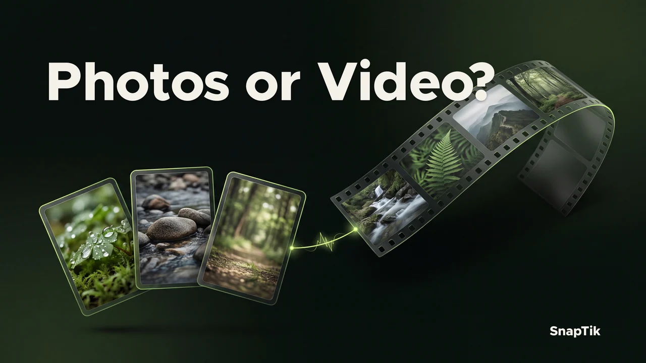 A fan of still images beside a filmstrip illustrates photos and slideshow video.