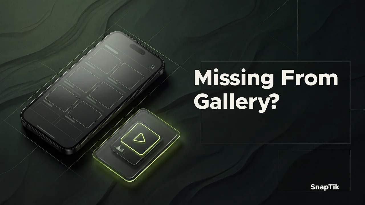 Conceptual phone gallery beside a separate video file panel, with the headline Missing From Gallery?