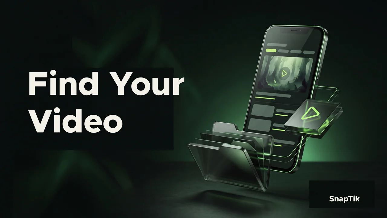Conceptual phone, video file and open download folder beneath the headline Find Your Video.