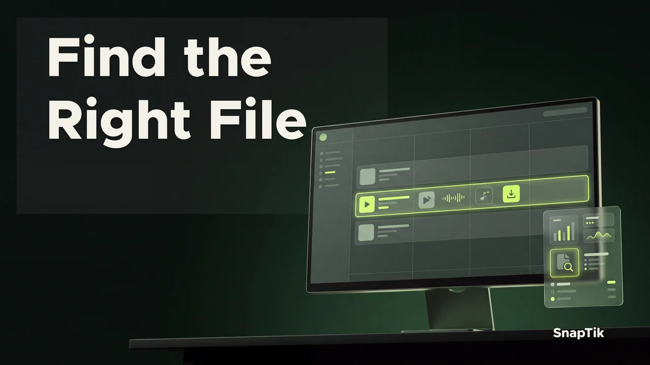 Conceptual desktop file manager with a highlighted media file, captioned Find the Right File.