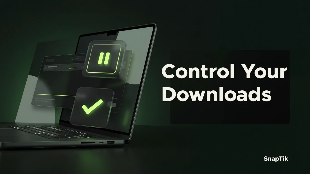 Conceptual laptop and a floating download list showing separate transfer states.