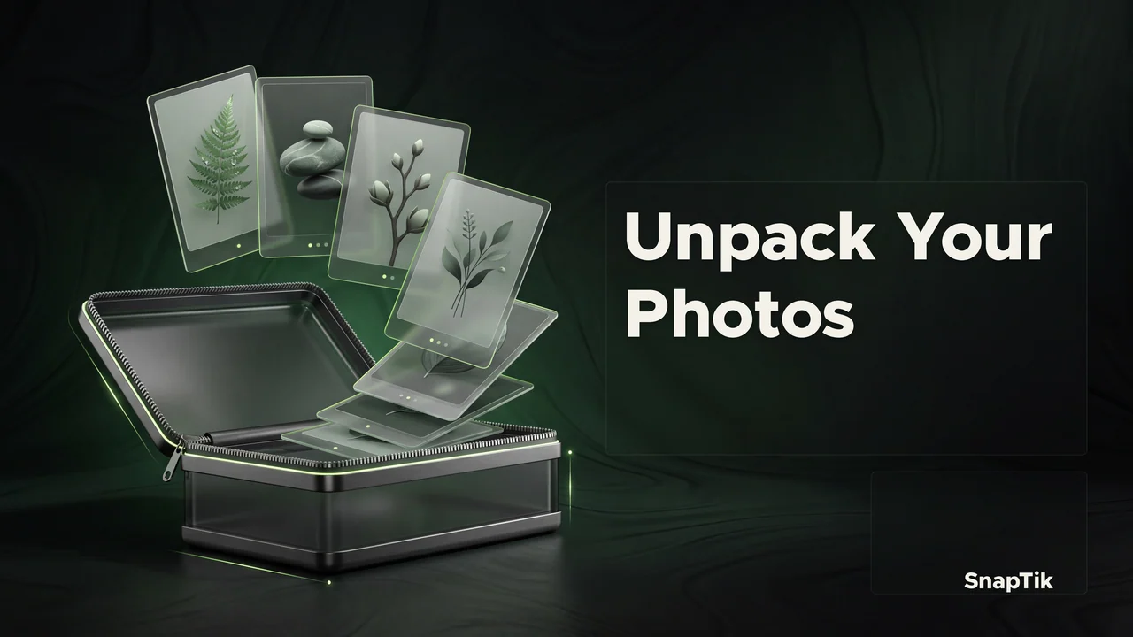 An open zippered archive box releases an ordered set of botanical photo cards.
